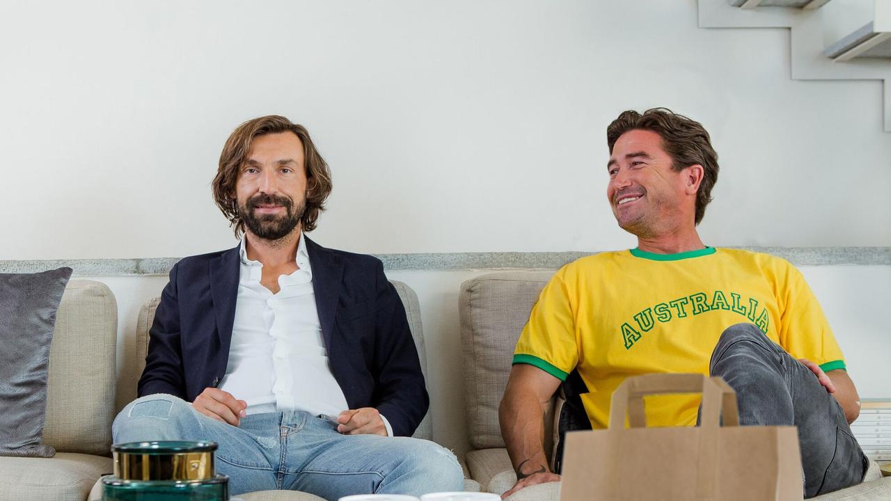 Harry Kewell attempts to get Andrea Pirlo to support the Socceroos at the World Cup (Pic: Uber Eats)