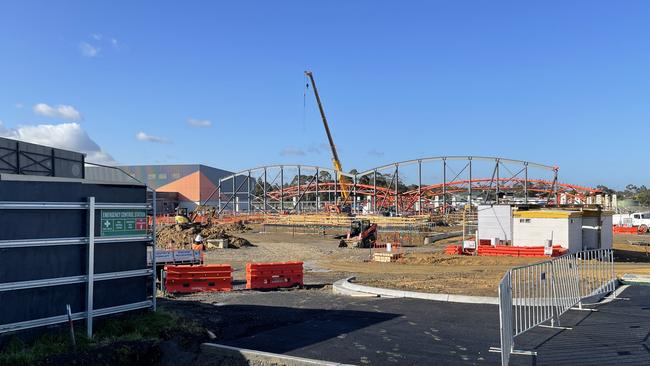 The skeleton shell of the State Basketball Centre's expansion has been installed, marking a new milestone in the $135m project. Picture: Kiel Egging.