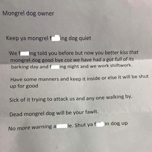 The offensive letter sent to a Brisbane dog owner. Picture: Facebook