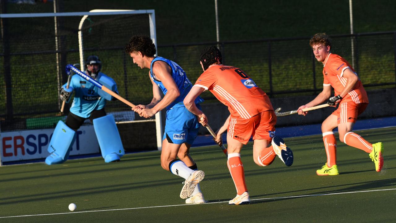 Zach Rakkas lining up a shot on goal against Brisbane Blaze during the 2024 Festival of Hockey in Darwin. Picture: HockeyNT.