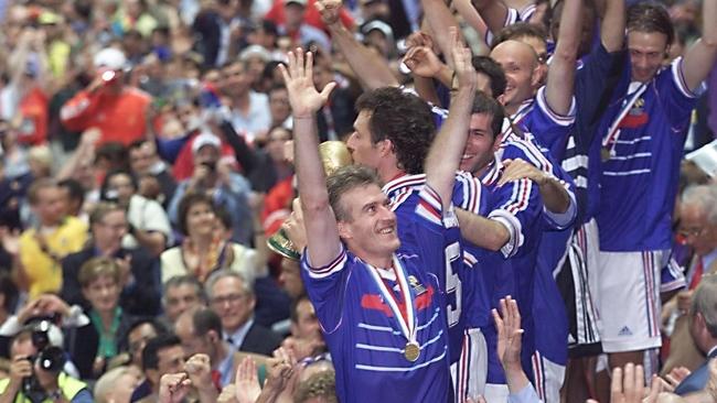 Didier Descmaps celebrates France’s 1998 World Cup success. Picture: AFP.