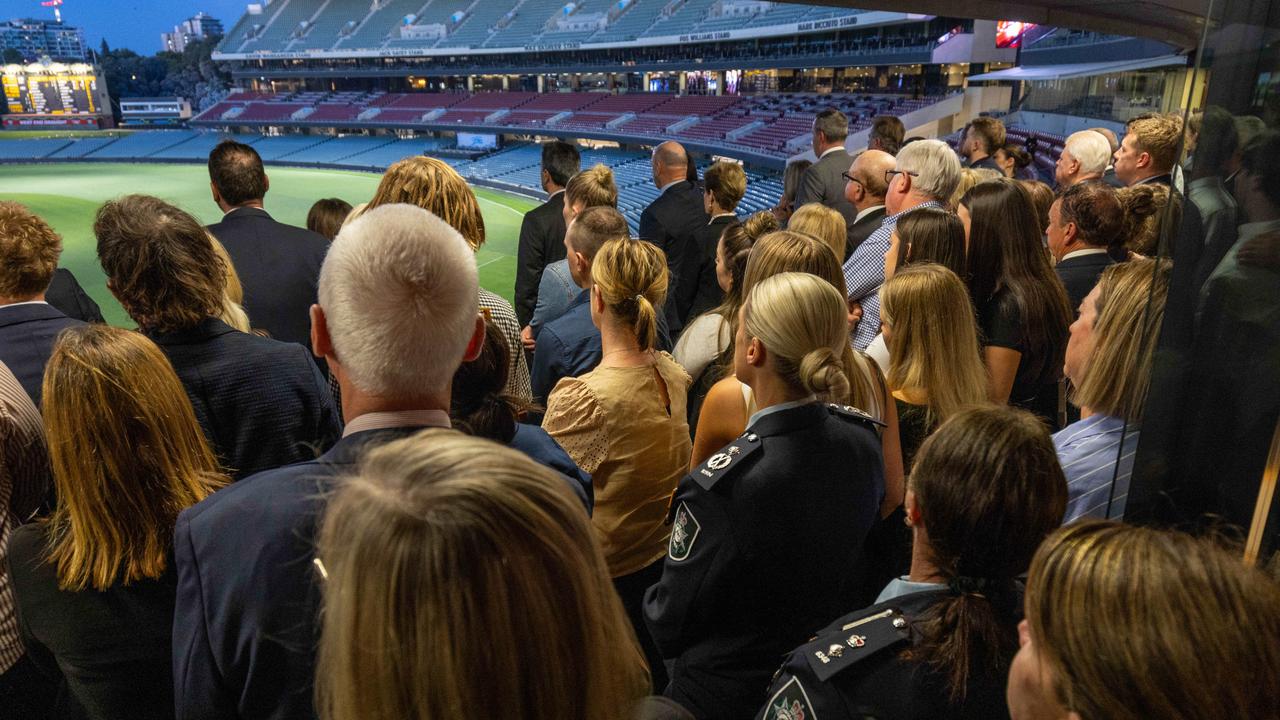 Loved ones packed the Magarey Room at Adelaide Oval to say their goodbyes. Picture: NCA NewsWire/Ben Clark