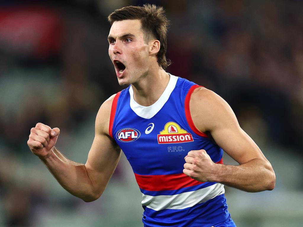 MELBOURNE, AUSTRALIA - MAY 11: Sam Darcy of the Bulldogs celebrates kicking a goal during the round nine AFL match between Richmond Tigers and Western Bulldogs at Melbourne Cricket Ground, on May 11, 2024, in Melbourne, Australia. (Photo by Quinn Rooney/Getty Images)