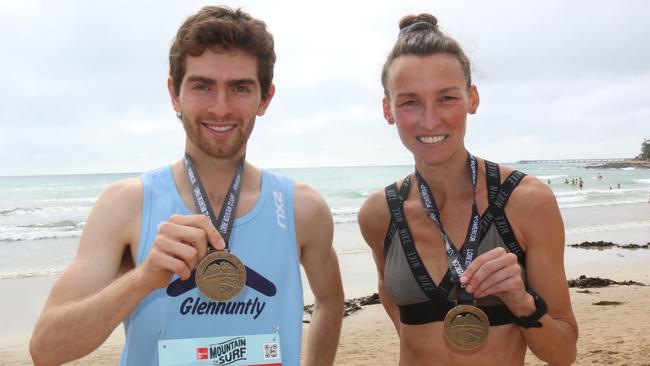 Mountain to Surf open men's winner Ed Marks and women's winner Sarah Klein. Picture: Meg Saultry