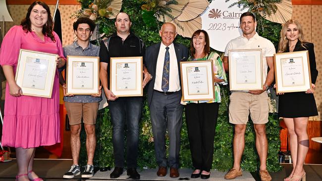 Cairns Regional Councils 2023 Australia Day Award recipients with Mayor Bob Manning L-R; Hannah Boon, Edan Mattinson, James Kerr, Mayor Bob Manning, Majella Fallon, Sebastian Temesi and Alannah Giuffrida. Picture Emily Barker.