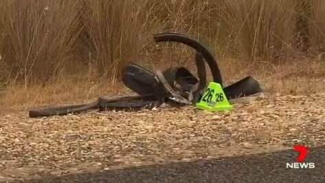 The victim’s bike crumpled on the side of Princes Highway. Picture: 7 News.