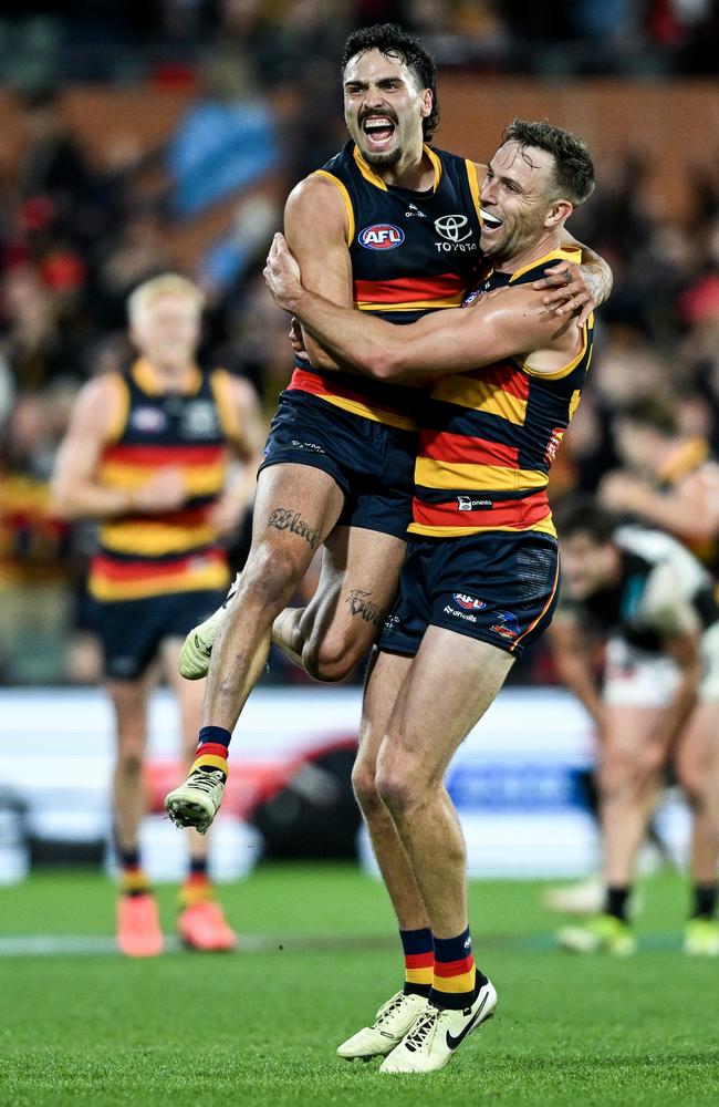 Izak Rankine and Brodie Smith celebrate in a Showdown last season. Picture: Mark Brake/Getty Images