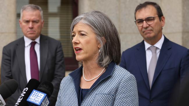 SA chief public health officer Nicola Spurrier with health minister Stephen Wade and Nicola Spurrier and Premier Steven Marshall. Picture: Russell Millard