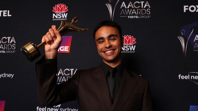 Thomas Weatherall poses in the media room with AACTA Award for Best Supporting Actor in a Drama during the 2022 AACTA Awards on December 07, 2022 in Sydney, Australia. Picture: Caroline McCredie/Getty Images for AFI