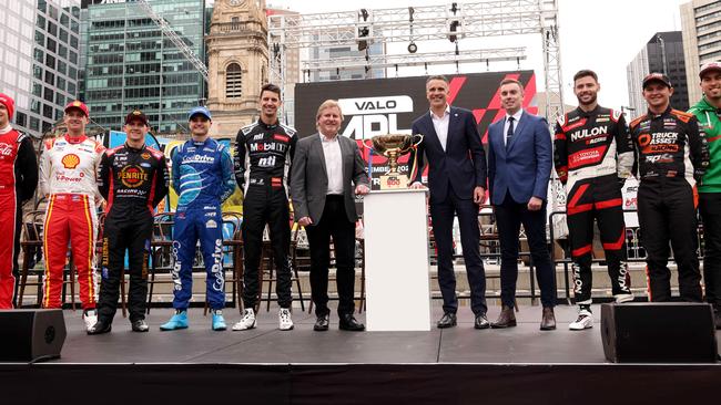 Motorsport Board chief executive Mark Warren, Premier Peter Malinauskas and Vailo founder Aaron Hickmann with drivers at the Adelaide 500’s official launch in Victoria Square in 2022. Picture: NCA NewsWire / Kelly Barnes