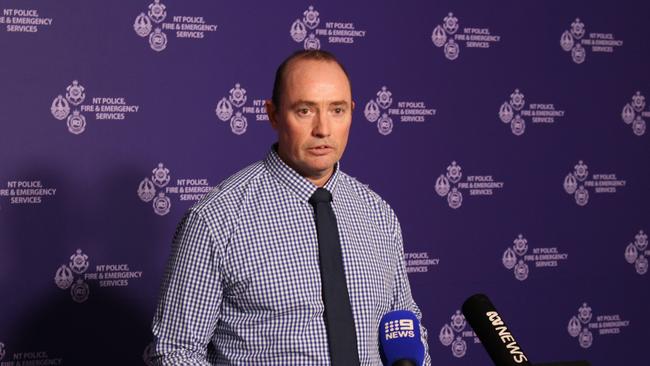 Detective Senior Sergeant Jon Beer from NT Police's major crime squad speaks with the media after a 43-year-old woman was found dead in Malak on Wednesday morning. Picture: Jason Walls