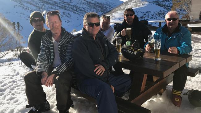 Chris Hammer, second from left, with journalist mates at Guthega. Picture: supplied