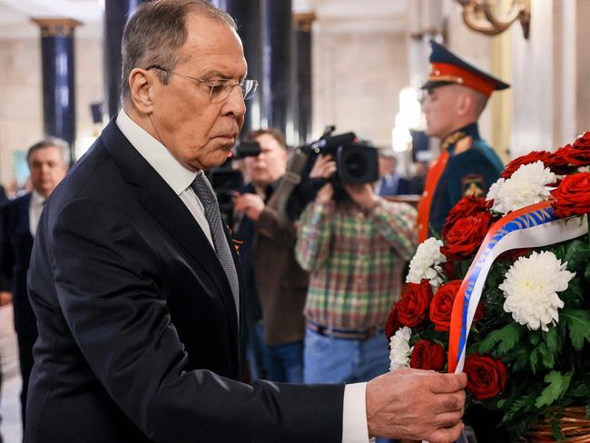 Russian Foreign Minister Sergei Lavrov attends a flower-laying ceremony ahead the Victory Day in Moscow. Picture: AFP.