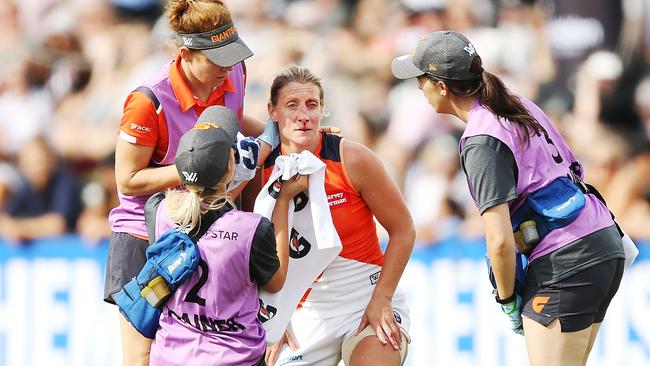 Cora Staunton was left bloodied after copping an elbow to the nose from Magpie Sophie Casey. Picture: Getty