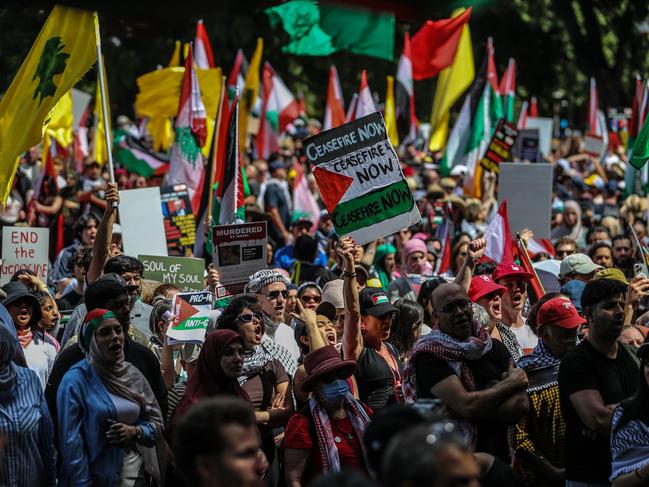 Pro Palestine supporters chant a slogan during a protest at Hyde Park on Sunday. Picture: Roni Bintang/Getty Images