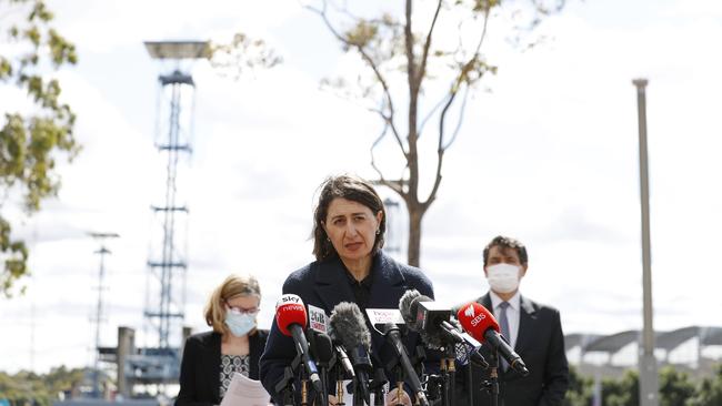 NSW Premier Gladys Berejiklian speaks to the media at Qudos Bank Arena vaccination hub. Picture: NCA NewsWire / Nikki Short