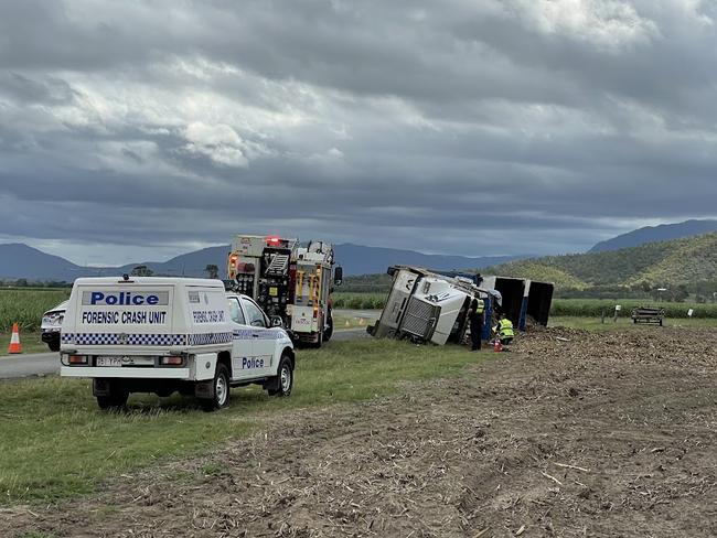 A driver has suffered life threatening injuries after a truck rolled pinning him underneath at 1.20pm on Gunyarra Rd at Andromache. Photo: Krystal Hender