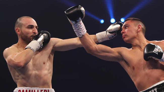 Joel Camilleri (left) took on Tim Tszyu at his last fight and is a sparring partner for Jeff Horn. Picture: Brett Costello