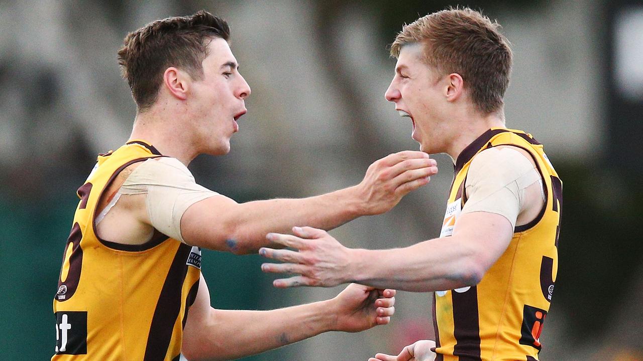 Dylan Moore, right, celebrates a goal during the Box Hill’s VFL preliminary final victory over Williamstown.