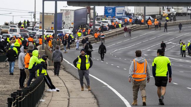 Protesters march up the West Gate freeway. Picture: Aaron Francis