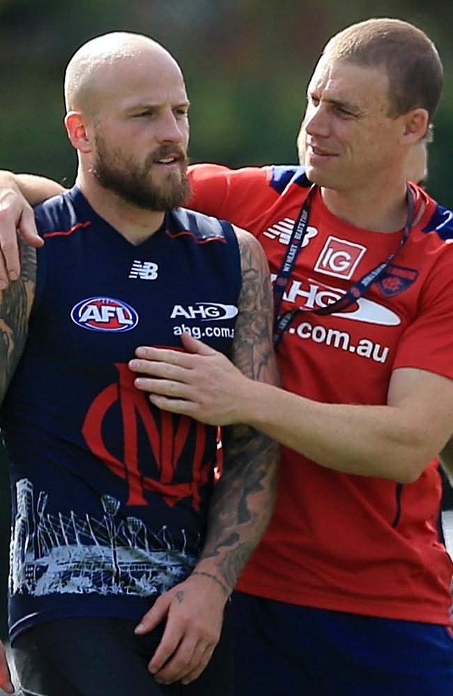 Goodwin with co-captain Nathan Jones. He has been described as a very personable coach who is big on building relationships with his players and staff. Picture: Wayne Ludbey