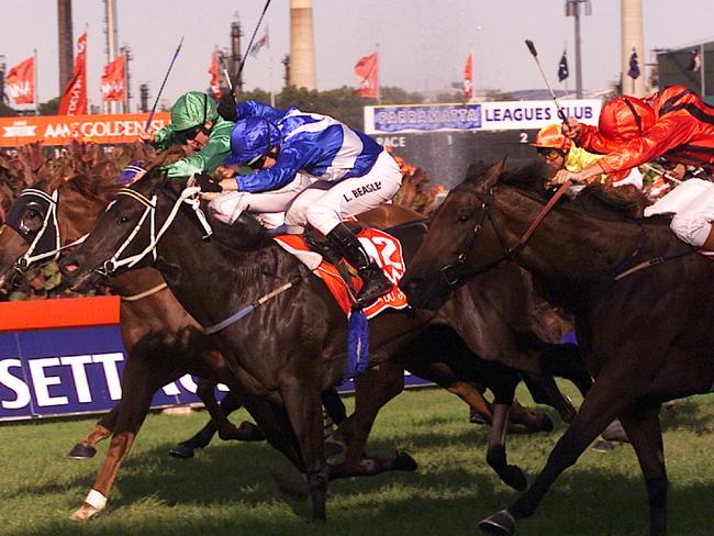 Belle Du Jour (centre) pops up in the centre to win the 2000 Golden Slipper in the most unlikely of circumstances after bombing the start. Picture: Roy Haverkamp