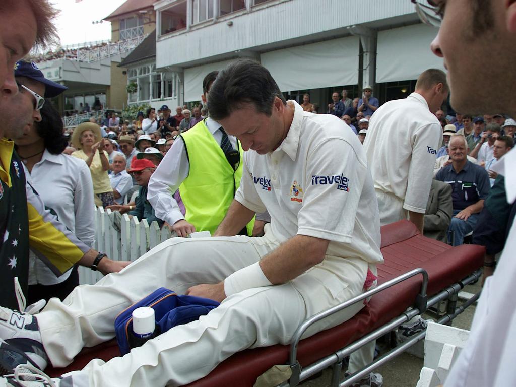 Steve Waugh left the third Ashes Test on a stretcher. Picture: Brett Costello.