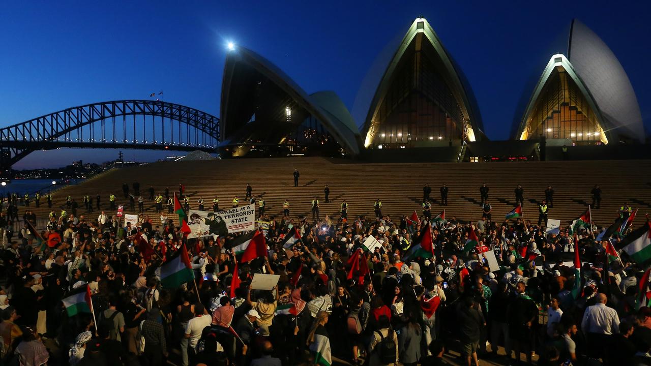 Anti-Semitic chants erupted at a pro-Palestine rally at the Sydney Opera House on October 9. Picture: Lisa Maree Williams/Getty Images