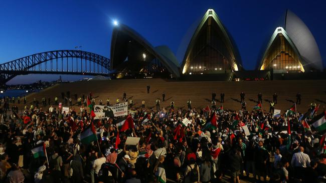 Anti-Semitic chants erupted at a pro-Palestine rally at the Sydney Opera House on October 9. Picture: Lisa Maree Williams/Getty Images