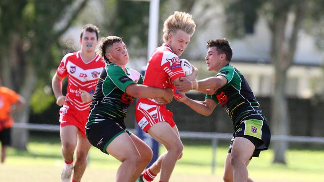 RLGC Round 3 match from Robert Dalley Park. Under 20's Helensvale Hornets vs. Currumbin Eagles. Jay Robertson tackled. 23 May 2021 Helensvale Picture by Richard Gosling