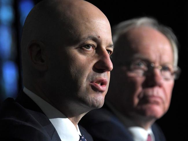 (L to R) NRL CEO Todd Greenberg and ARL Commission Chairman Peter Beattie a media briefing today at NRL headquarters in Sydney, Tuesday, June 12, 2018. (AAP Image/Simon Bullard) NO ARCHIVING, EDITORIAL USE ONLY