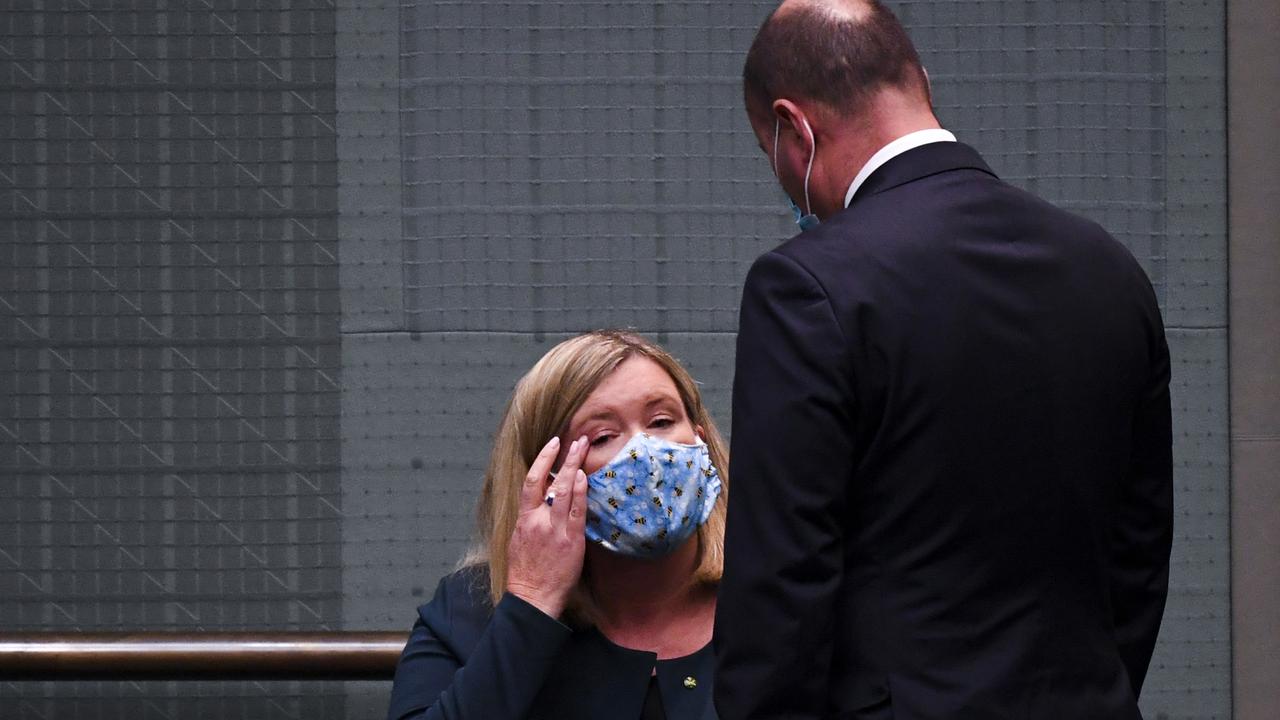 Bridget Archer pictured speaking with Josh Frydenberg. Picture: AAP Image/Lukas Coch