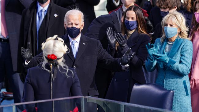 Joe Biden reacts after Lady Gaga performed the National Anthem during his inauguration. Picture: Getty Images