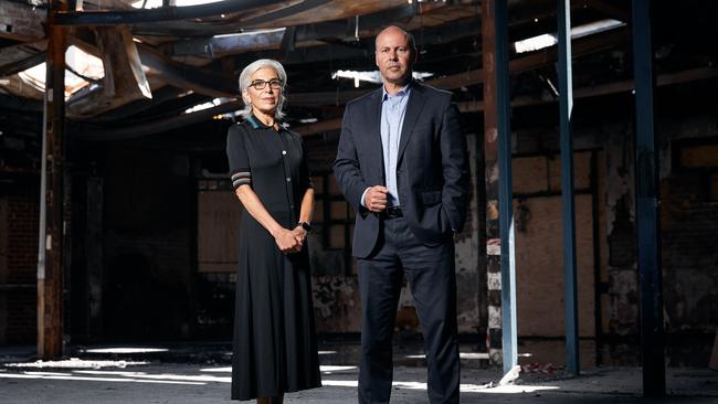 Elana Rubin and Josh Frydenberg in the burnt-out shell of the Adass Israel Synagogue in Melbourne. Picture: Louis Trerise