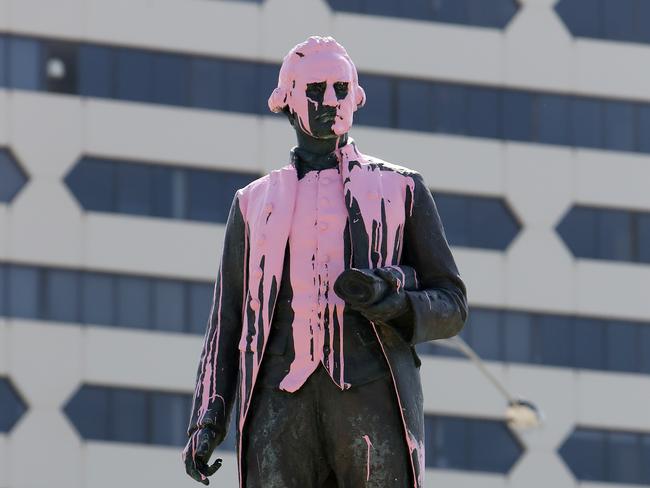 25/01/2018: A vandalised statue of Captain Cook in St Kilda, covered in pink paint. Stuart McEvoy for The Australian.