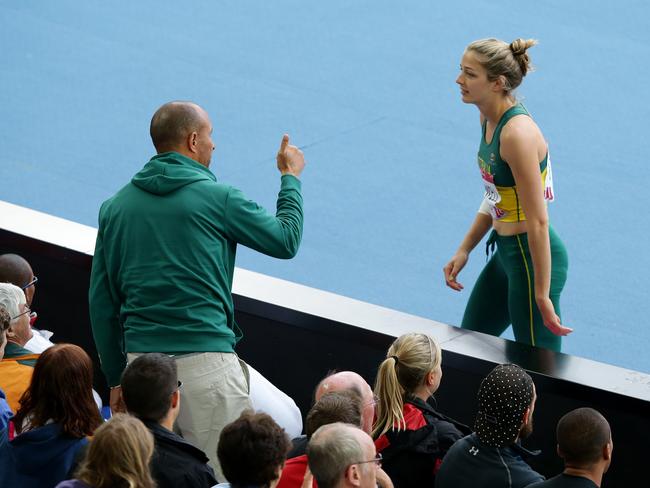 Athletics Australia head coach Eric Hollingsworth was still seen at the Hampden Park track and coaching athletes like Sophie Stanwell in the Heptathlon (pictured) despite being suspended over the Sally Pearson comments. Picture: Adam Head