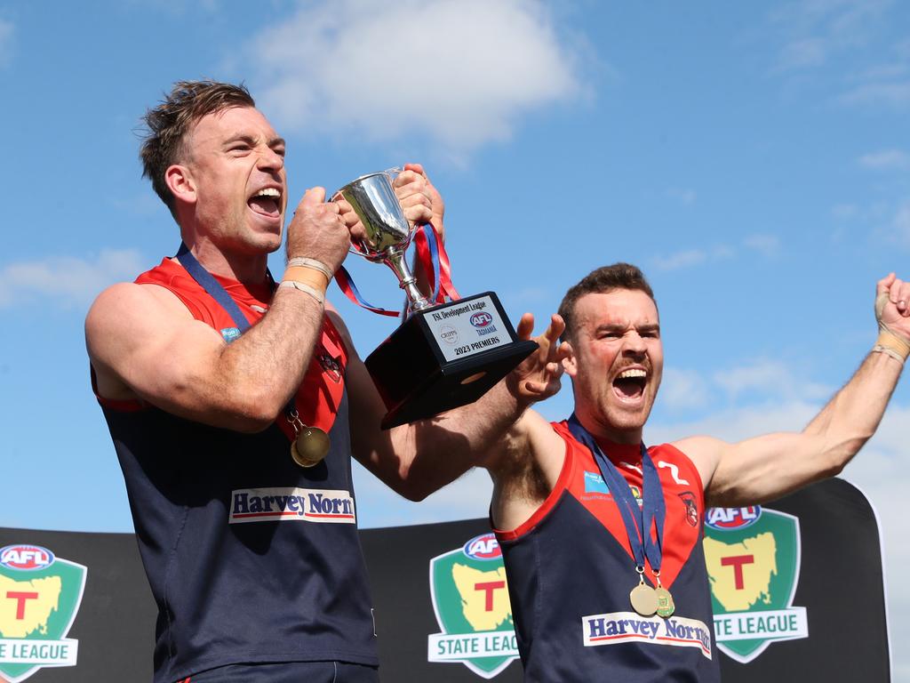 Playing coach Brad Tilbury and Hugh Williams celebrate. North Hobart TSL development league winners 2023. Picture: Nikki Davis-Jones