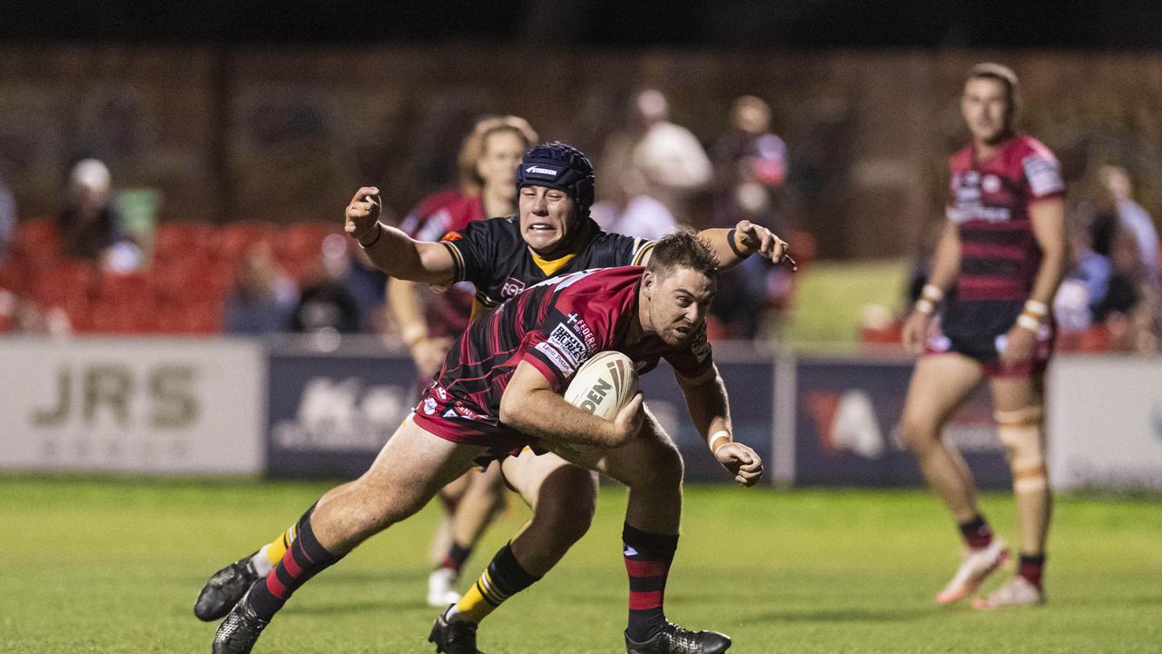 Todd White on the way to try for Valleys against Gatton in TRL Hutchinson Builders A-grade grand final rugby league at Toowoomba Sports Ground, Saturday, September 14, 2024. Picture: Kevin Farmer