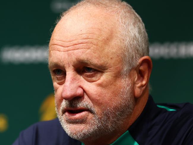 LONDON, ENGLAND - OCTOBER 16: Graham Arnold, Head Coach of Australia, speaks to the media during the Australia Subway Socceroos media access at Hilton London Syon Park on October 16, 2023 in London, England. (Photo by Bryn Lennon/Getty Images)