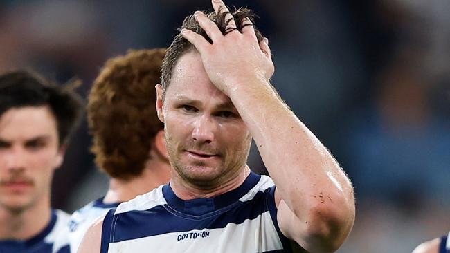 MELBOURNE, AUSTRALIA - MARCH 23: Patrick Dangerfield of the Cats looks dejected after a loss during the 2023 AFL Round 02 match between the Carlton Blues and the Geelong Cats at the Melbourne Cricket Ground on March 23, 2023 in Melbourne, Australia. (Photo by Dylan Burns/AFL Photos via Getty Images)