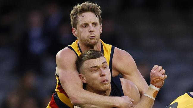 Rory Sloane is deciding with a doctor and surgeon if he can keep playing with a finger tendon issue. Picture: Michael Klein