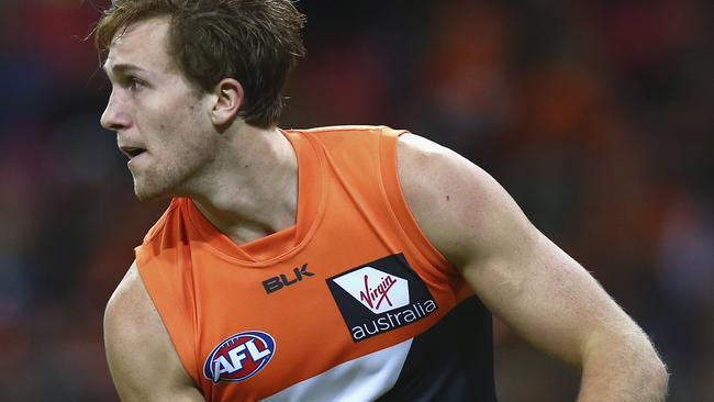 SYDNEY, AUSTRALIA - MAY 09: James Stewart of the Giants looks upfield during the round six AFL match between the Greater Western Giants and the Hawthorn Hawks at Spotless Stadium on May 9, 2015 in Sydney, Australia. (Photo by Ryan Pierse/Getty Images)