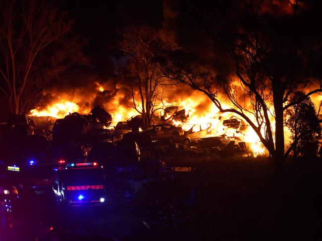 Emergency services attend the Trenayr scrapyard blaze. Picture: Jackson Whitney