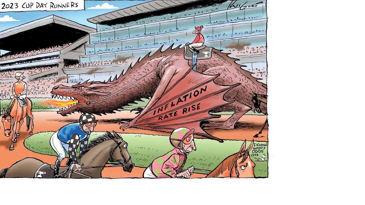 Cartoonist Mark Knight’s inflation dragon was no one's favourite to win but the Reserve Bank’s rate rise still dominated Melbourne Cup Day. Picture: Mark Knight