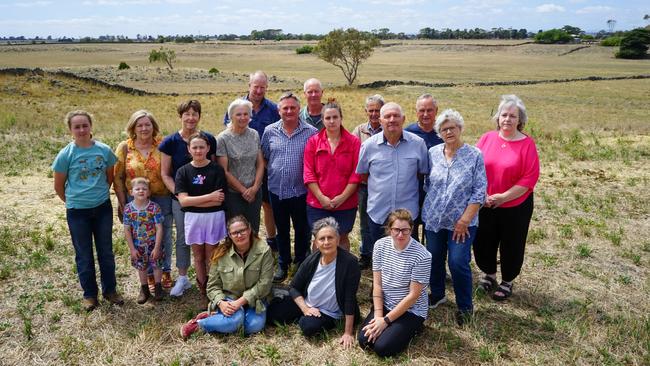 Ondit farmers and residents are opposed to a quarry extension permit, which would develop the land pictured behind them. Picture: Rachel Simmonds