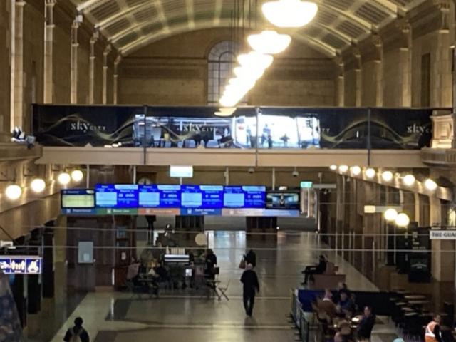 Adelaide Railway Station concourse with pedestrian airbridge.