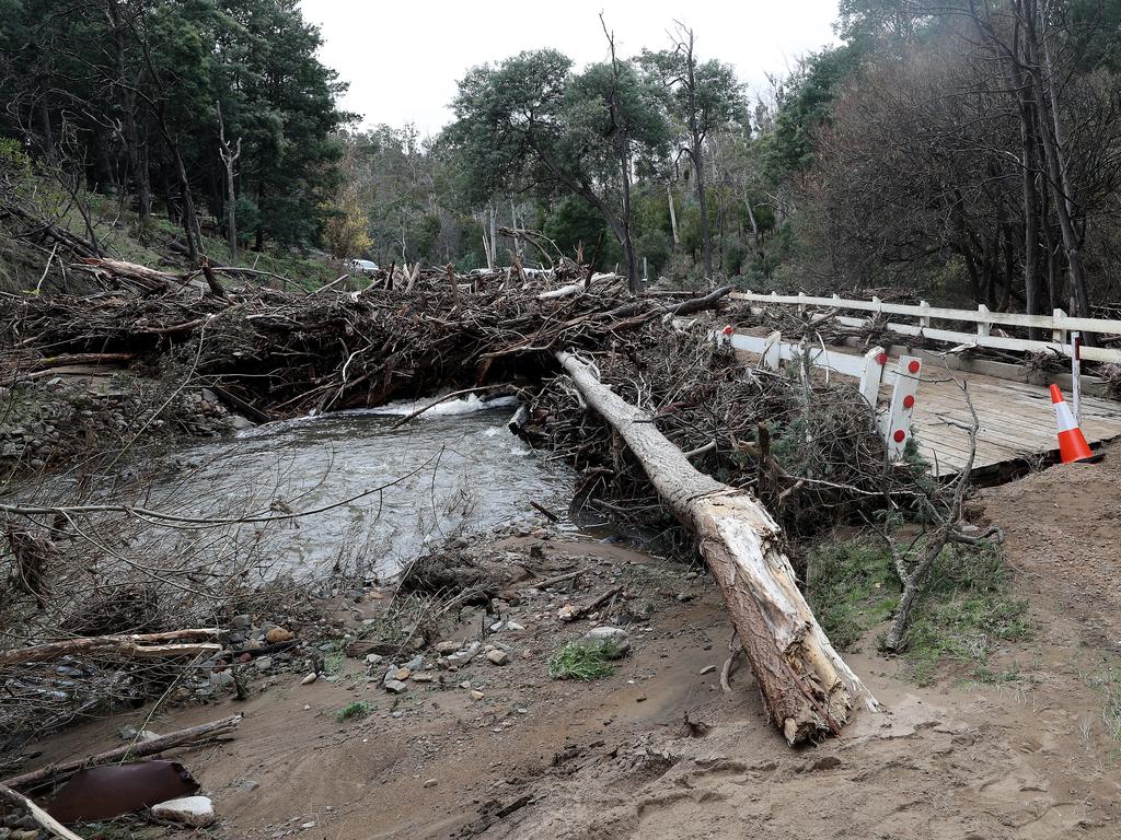 The wooden bridge on Glen Dhu Road that has been destroyed by flood water. Picture: LUKE BOWDEN