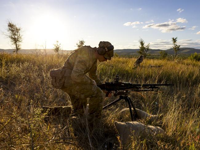 Australian Army soldiers Private Matthew Lugton and Private Ethan MacKinnon from 1st Battalion, The Royal Australian Regiment, Direct Fire Support Weapons Platoon during Exercise Brolga Run, on 01 June 2024, at Townsville Field Training Area, Queensland. Photo: TPR Dana Millington