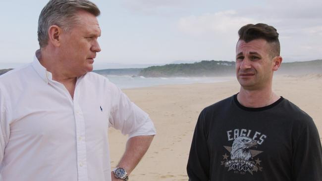 Channel 7 presenter Michael Usher and Melissa Caddick’s husband, Anthony Koletti, in a still from the program.