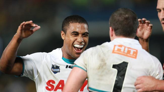 Jennings celebrates his good fortune with Lachlan Coote.